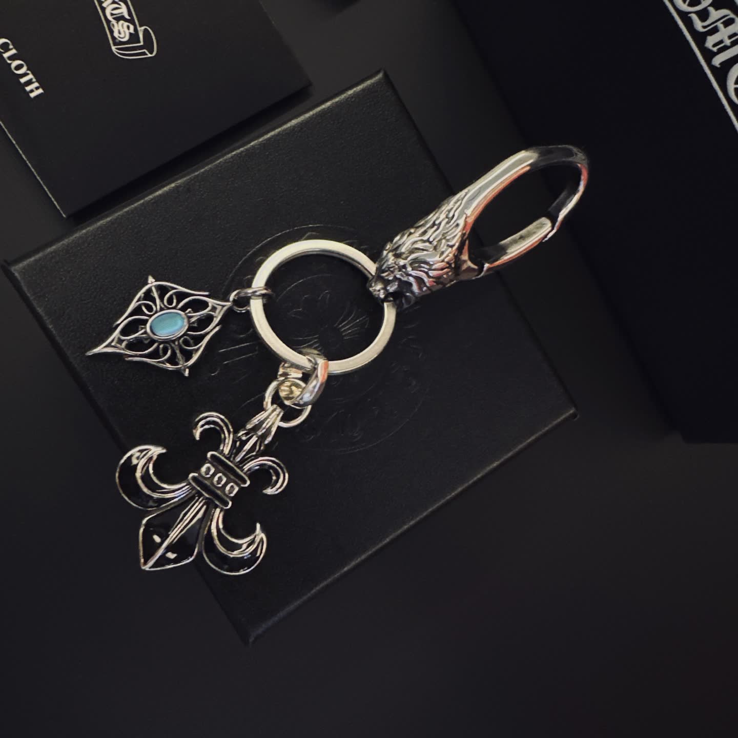 Chrome Hearts Silver Keychain with Fleur-de-lis and Gemstone